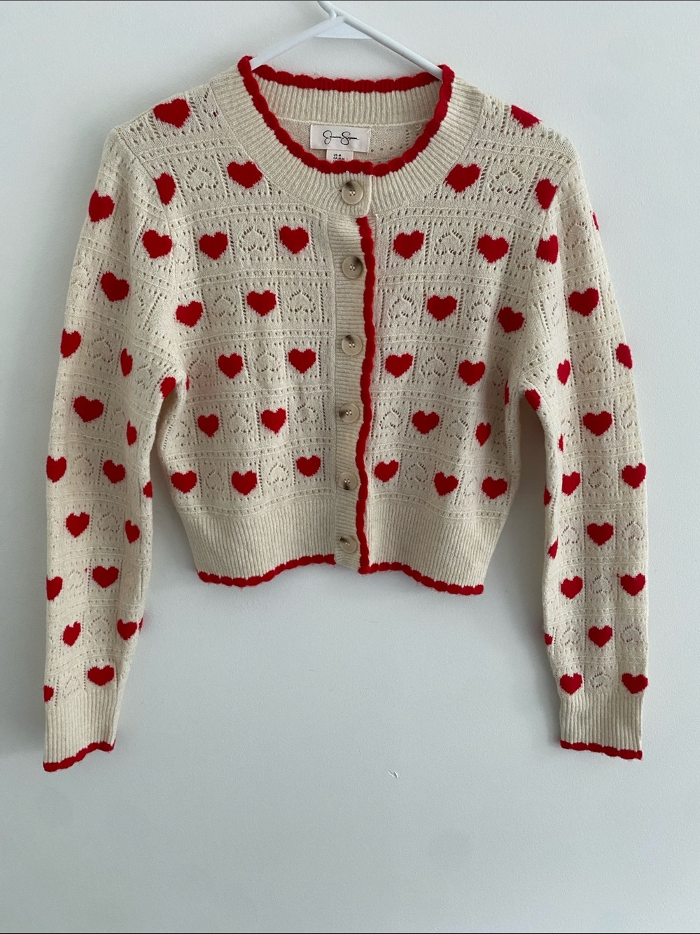 Jessica Simpson Pointielle Knit Heart Crop Cardigan Size Medium Red Cream